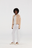 Veste de bombardier en tricot en cachemire beige avec garniture blanche
