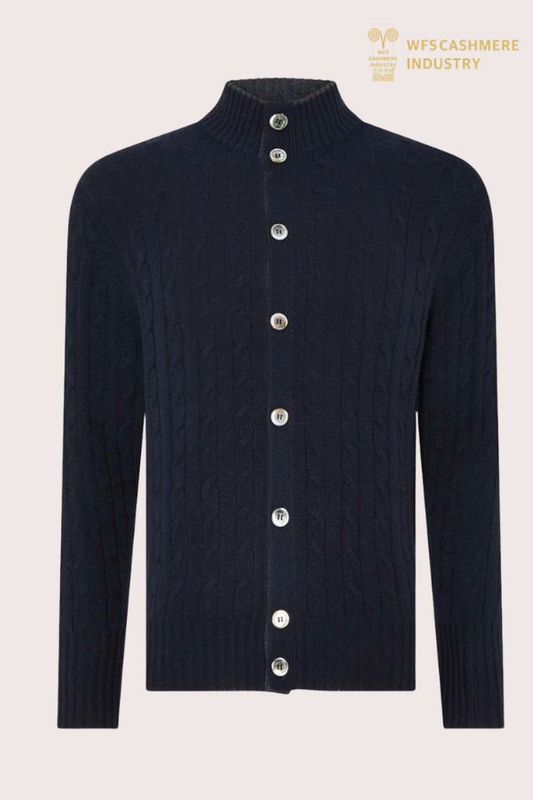 Cardigan en cachemire à grosses mailles torsadées pour hommes avec boutons en coquillage | Fabricant de tricots OEM