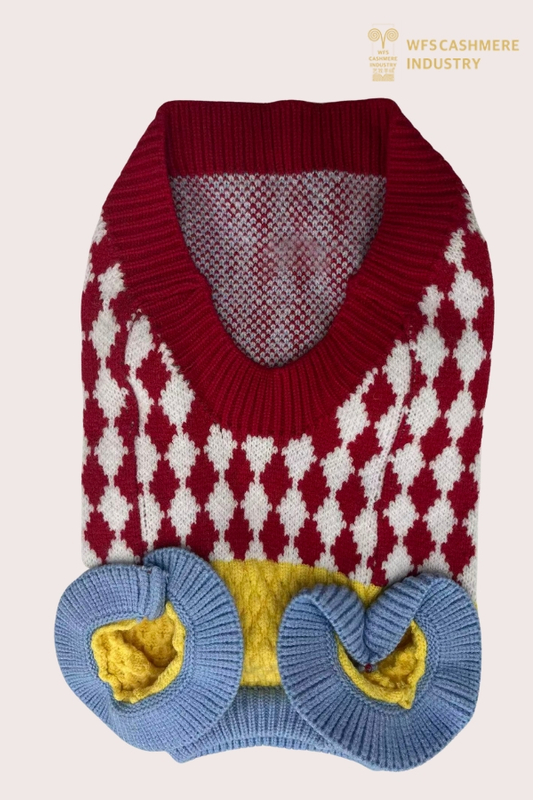 Pull pour animal de compagnie à col en V Argyle 7GG avec motif de blocs de couleurs | OEM de tricots pour animaux de compagnie Preppy