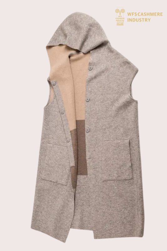 Cardigan Long à Capuche Sans Manches Femme en Laine Cachemire Double Face | OEM personnalisé