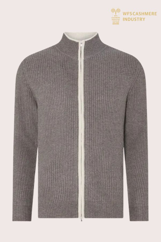 Cardigan zippé en pur cachemire 12GG pour hommes (micro-côtes) | Fabricant de tricots OEM personnalisés