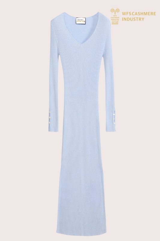 Robe longue élégante en cachemire à col en V pour femme | Fabricant OEM de tricots de luxe