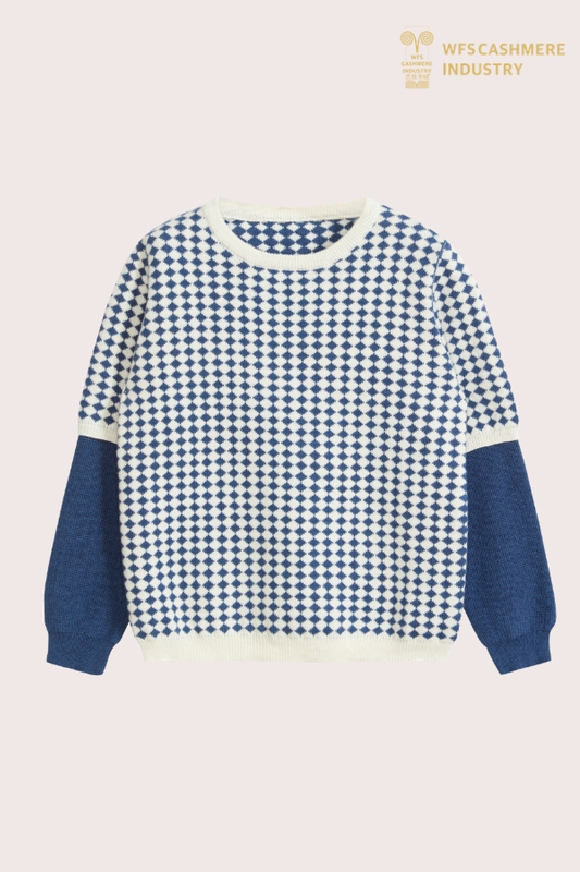 Pull en cachemire et coton patchwork en damier bleu pour garçon | OEM de tricots pour enfants Intarsia