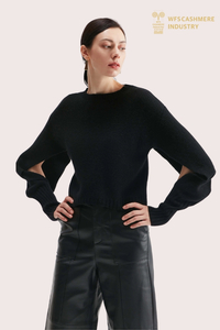 Pull classique à col rond en pur cachemire noir | Fabricant de tricots OEM haut de gamme