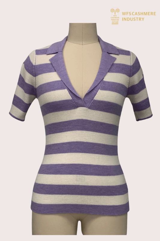 Pull rayé à col ouvert en laine peignée 12GG | OEM de tricots de polo